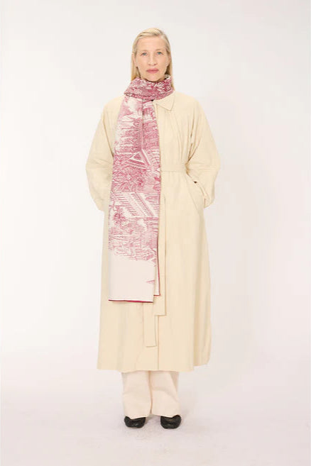 Inoui Editions cotton silk scarf Piranesi red, classical landscape with big cats.