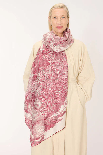 Inoui Editions cotton silk scarf Piranesi red, classical landscape with big cats.