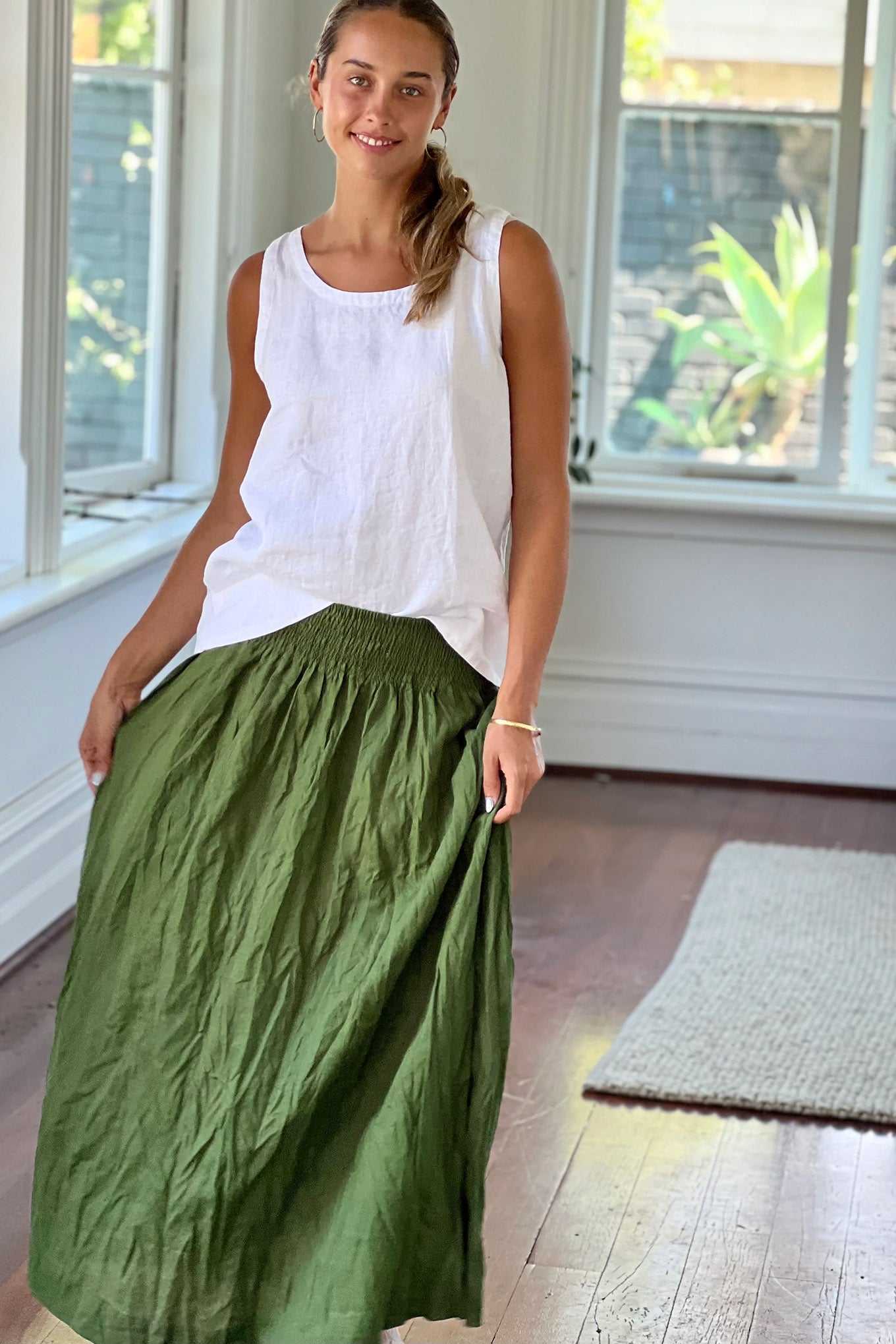 Frockk one size linen Lulu skirt maxi length in moss green.