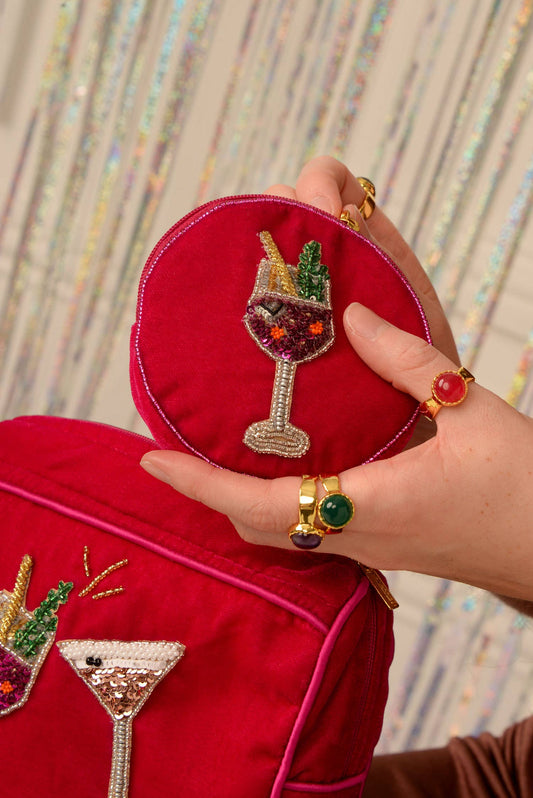 My Doris beaded pink fizz round velvet zippered pouch.