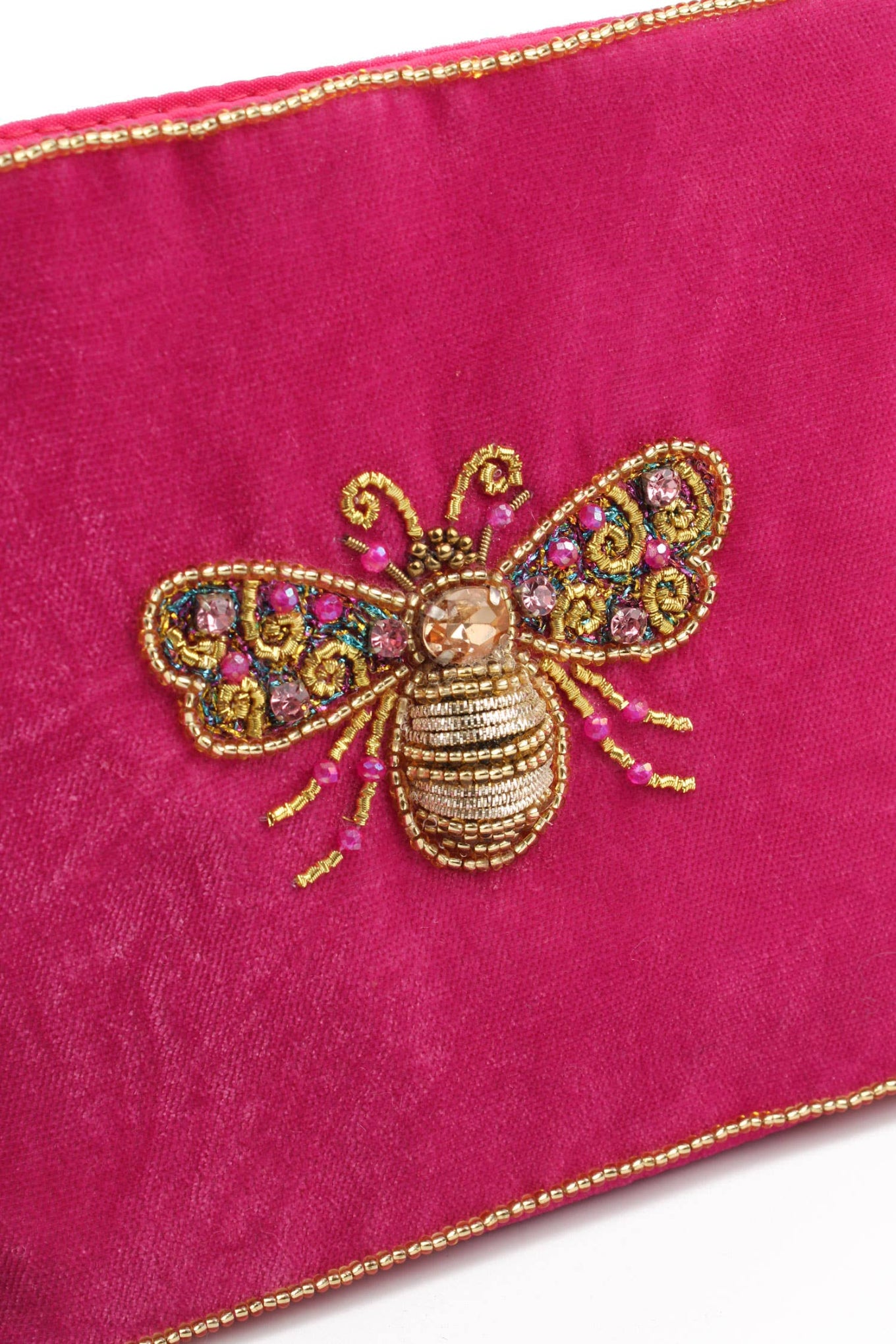 My Doris pink velvet handbeaded bee pouch.