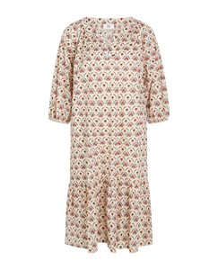Noa Noa Lela cotton print dress with gathered neck, elbow length sleeves and hem frill.