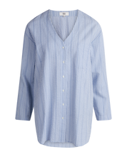 Load image into Gallery viewer, Noa Noa Mire shirt in cotton seersucker, V neck long sleeve button up on blue and white stripe.
