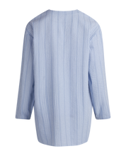 Load image into Gallery viewer, Noa Noa Mire shirt in cotton seersucker, V neck long sleeve button up on blue and white stripe.