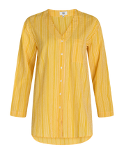 Load image into Gallery viewer, Noa Noa Mire shirt in cotton seersucker, V neck long sleeve button up on yellow and white stripe.