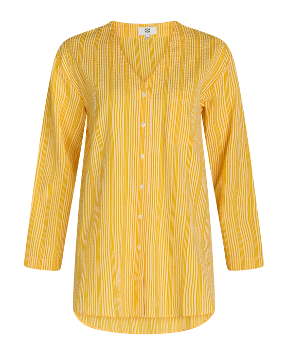 Noa Noa Mire shirt in cotton seersucker, V neck long sleeve button up on yellow and white stripe.