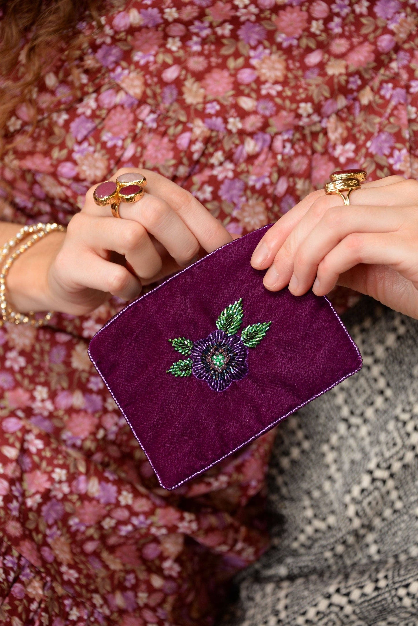 My Doris small purple velvet pouch with embroidered flower.