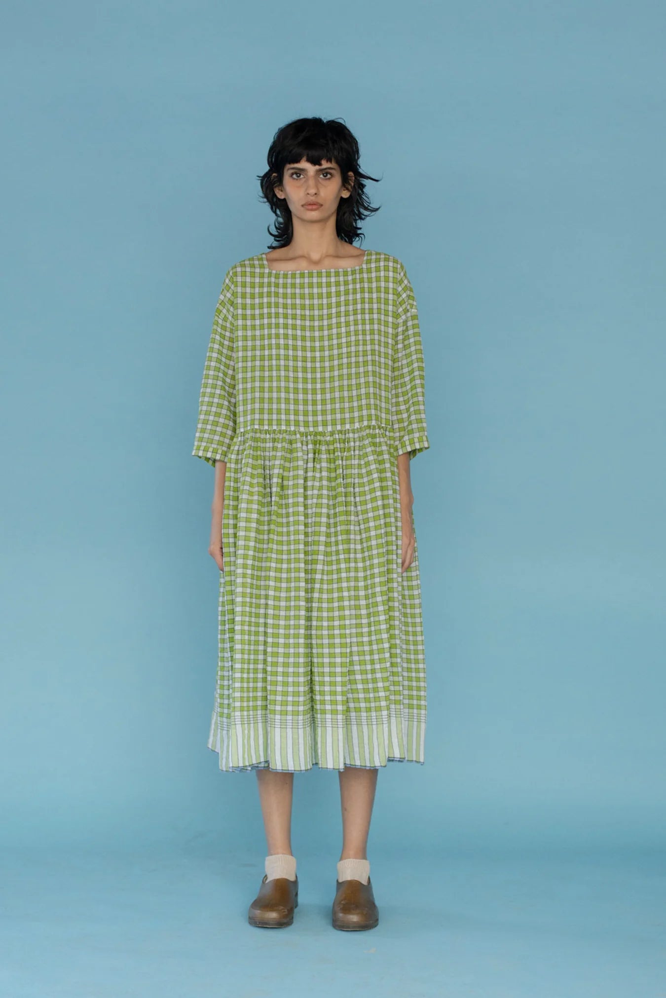 Runaway Bicycle Sylvia dress in handloom green and white check cotton.