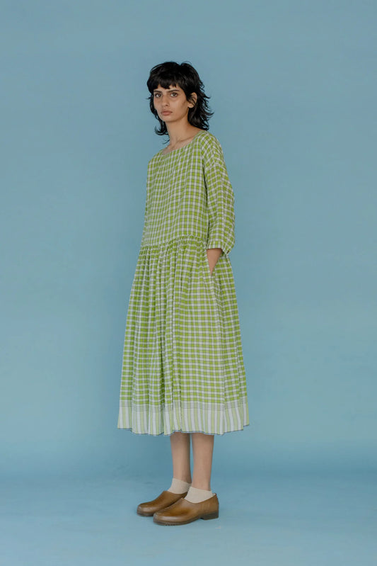 Runaway Bicycle Sylvia dress in handloom green and white check cotton.