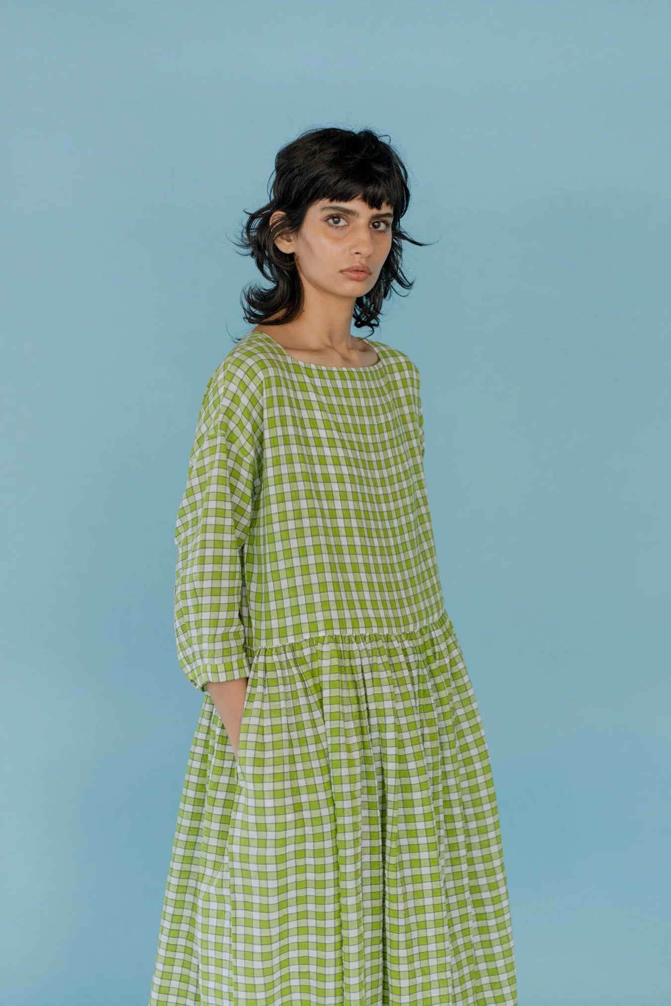 Runaway Bicycle Sylvia dress in handloom green and white check cotton.