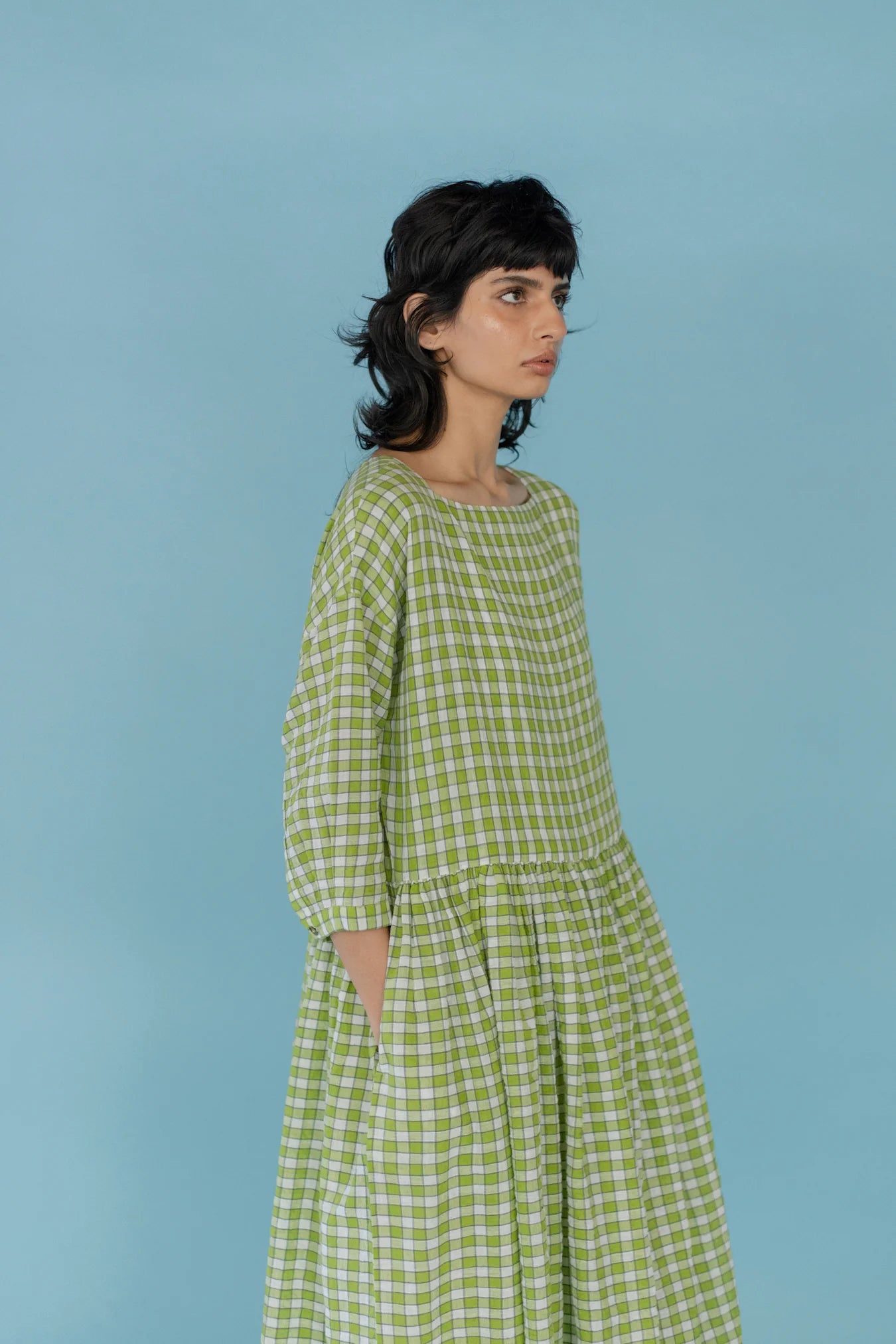Runaway Bicycle Sylvia dress in handloom green and white check cotton.