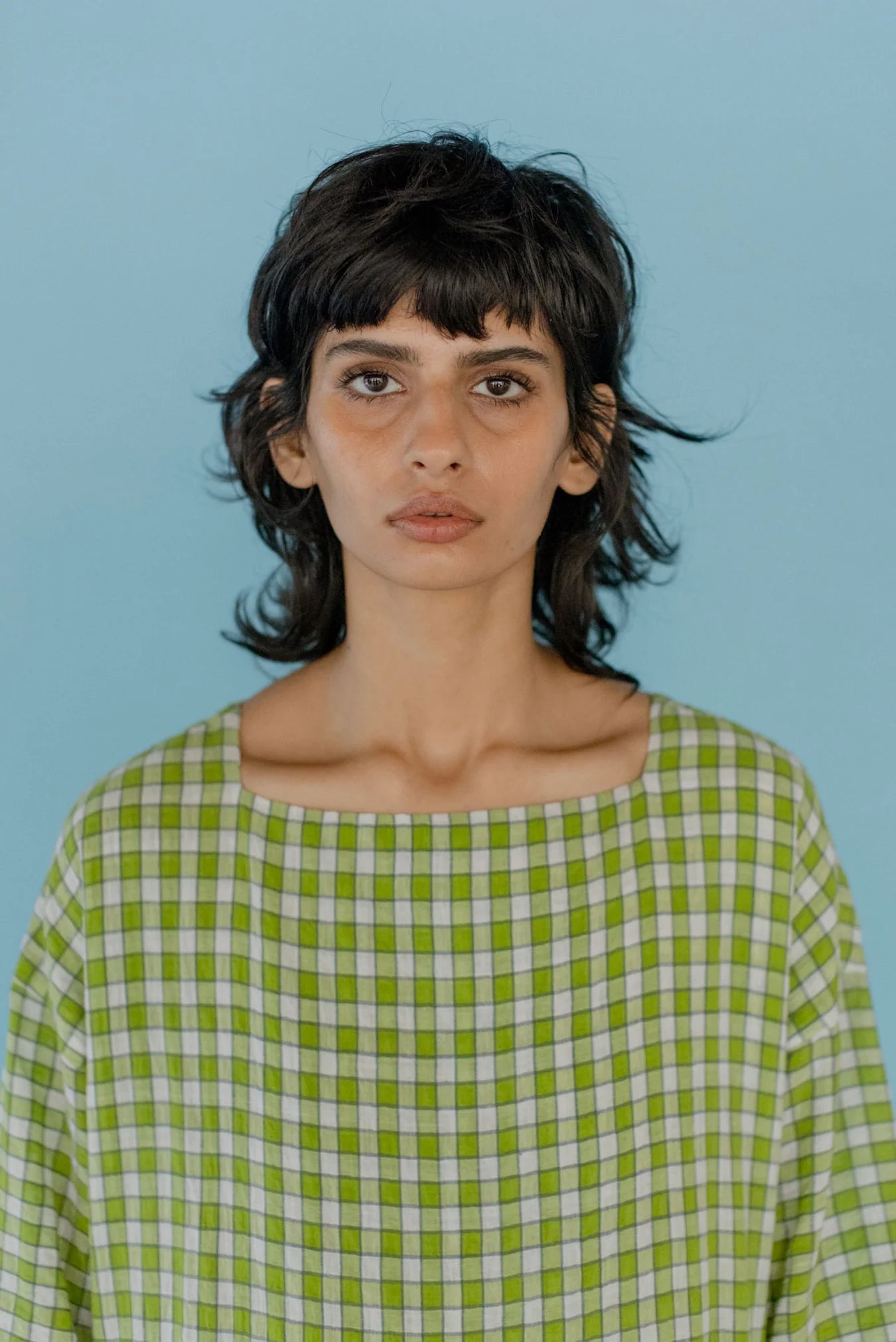 Runaway Bicycle Sylvia dress in handloom green and white check cotton.