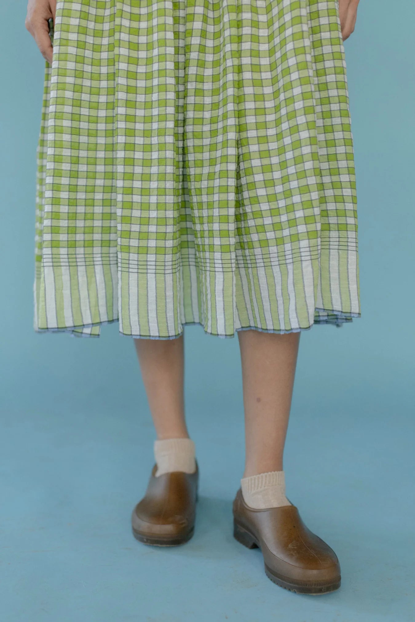 Runaway Bicycle Sylvia dress in handloom green and white check cotton.
