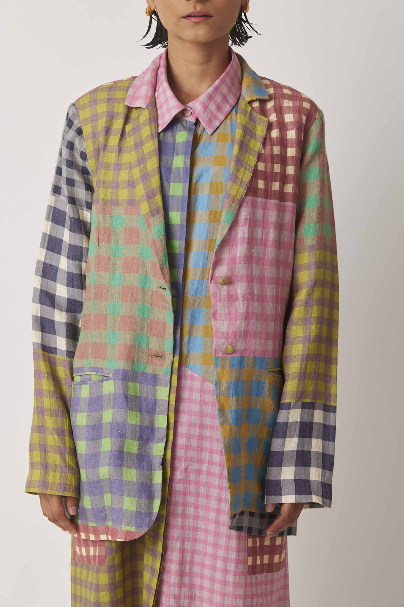 Yavi gingham linen jacket, multi coloured.