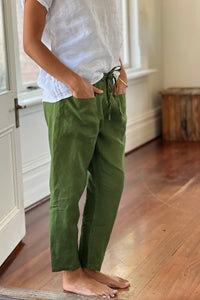 Frockk Jessie linen pants drawstring waist in moss green.
