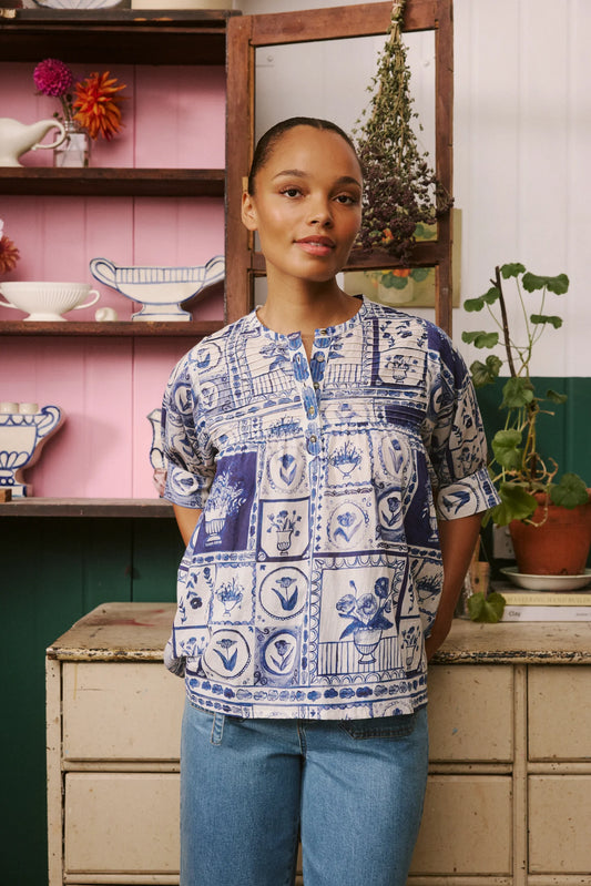 Nancybird cotton voile Gwen blouse in blue and white Lyon tile print.