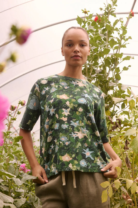 Nancybird Grace tee classic tshirt in organic cotton featuring green garden print.