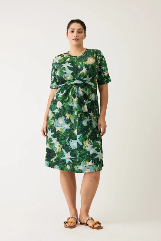 Nancybird organic cotton short sleeve wrap Terra dress in green garden print.