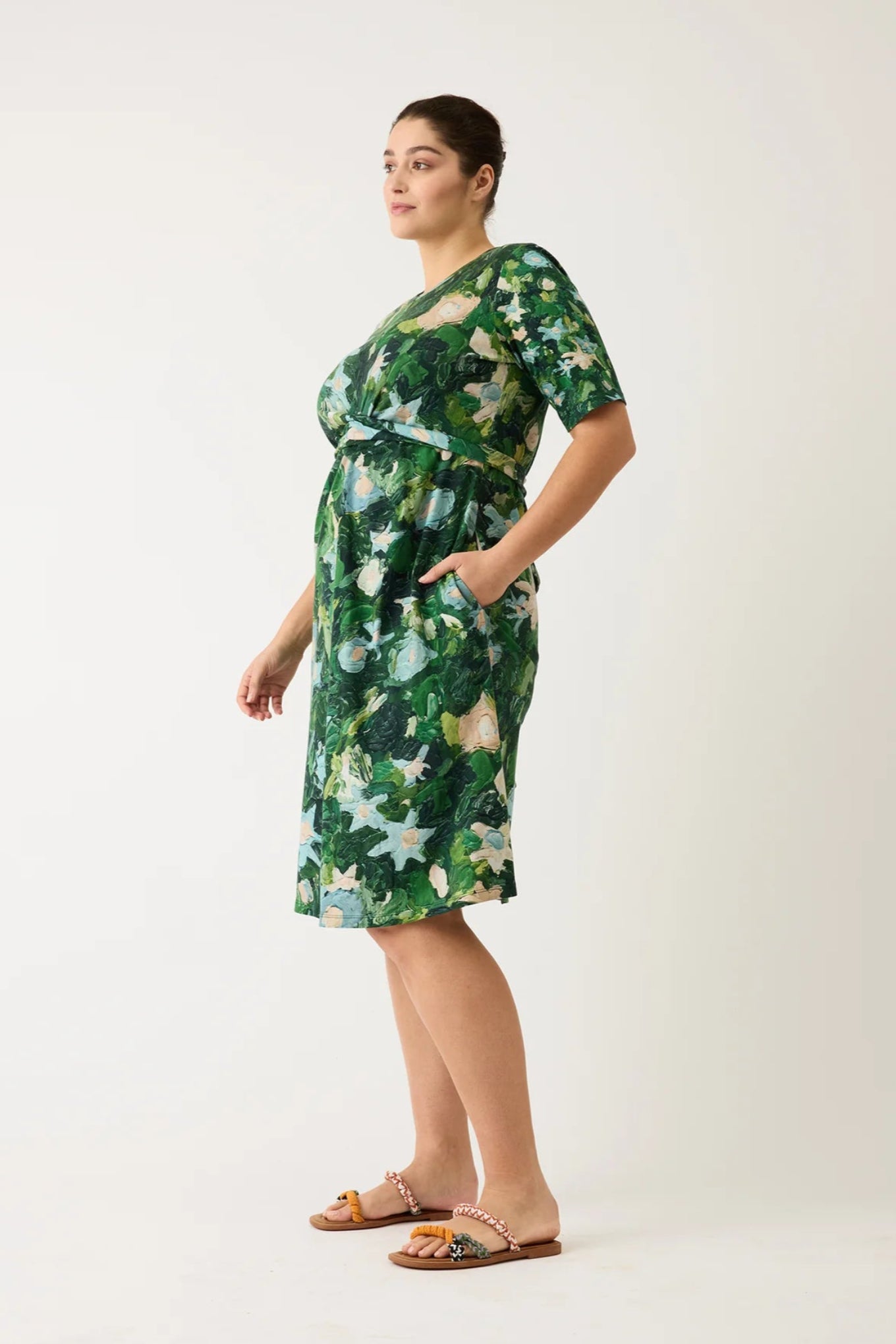 Nancybird organic cotton short sleeve wrap Terra dress in green garden print.