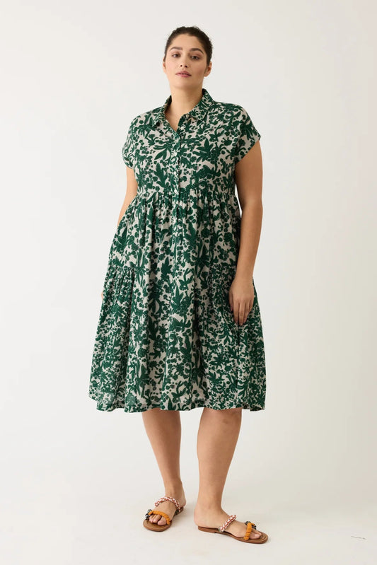 Nancybird cotton voile button up short sleeved shirt dress Maja in green and white parsley print.