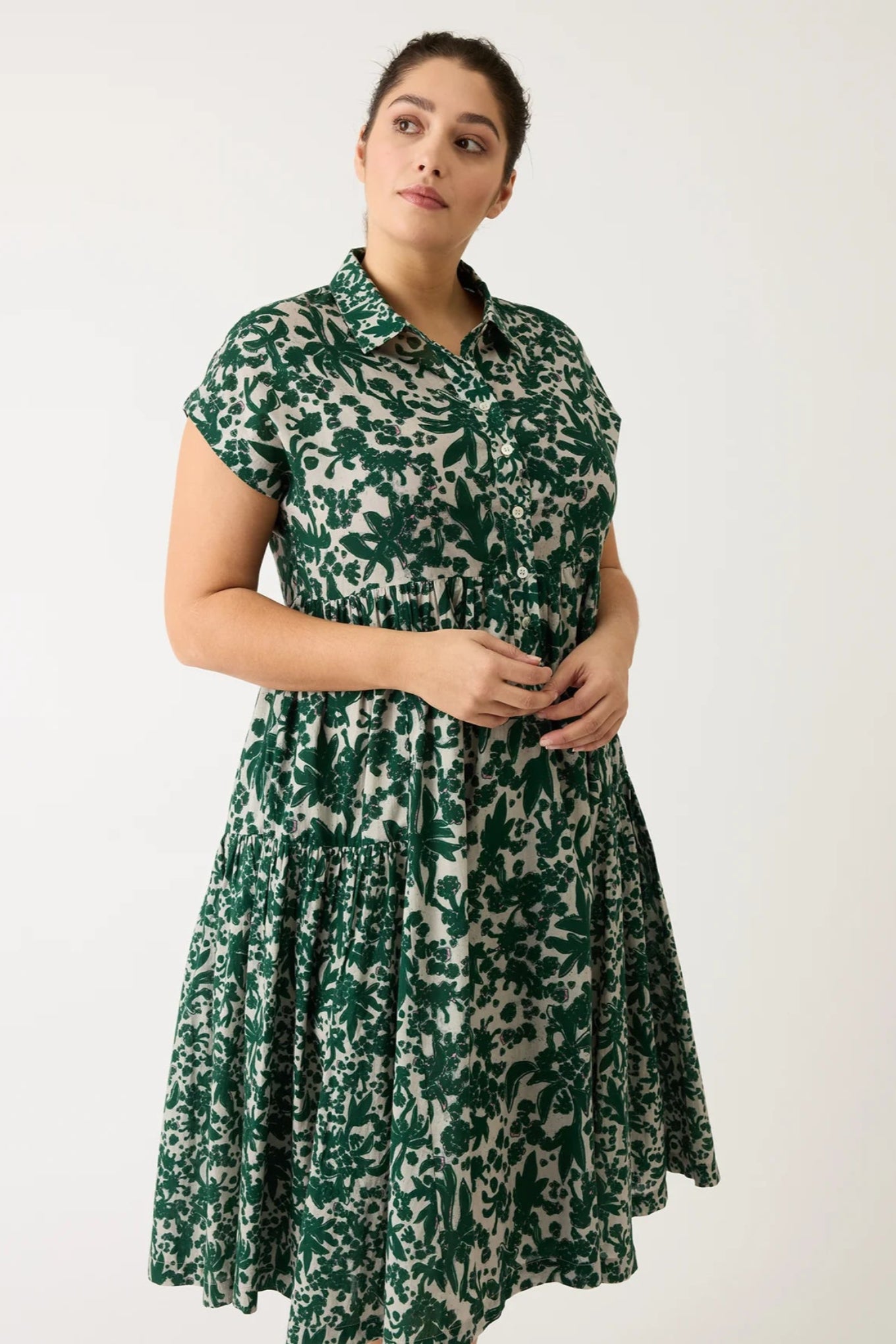 Nancybird cotton voile button up short sleeved shirt dress Maja in green and white parsley print.