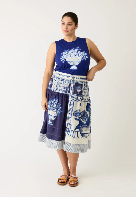 Nancybird organic cotton pinctuck Coco skirt in blue and white Lyon print.