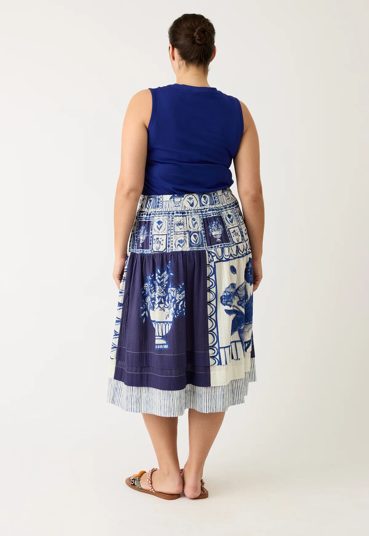 Nancybird organic cotton pinctuck Coco skirt in blue and white Lyon print.