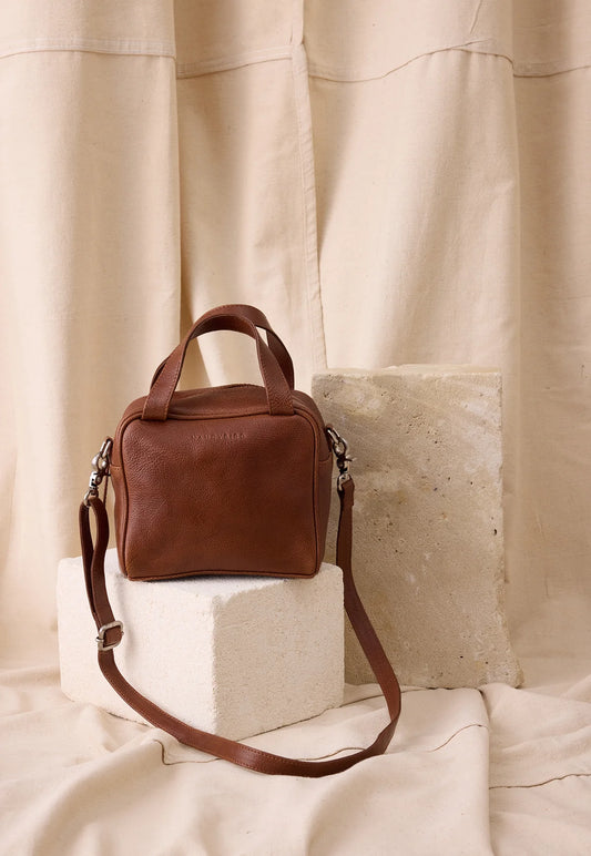 Nancybird Koren leather cross body or handbag in tobacco brown.