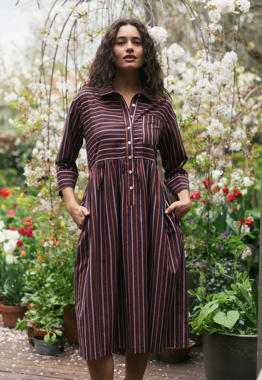 Nancybird Mel button up shirtdress in handwoven Twilight stripe cotton.