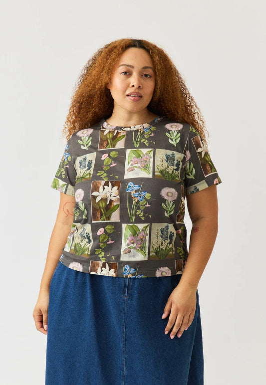 Nancybird organic cotton tshirt Apollo in charcoal archive floral print.