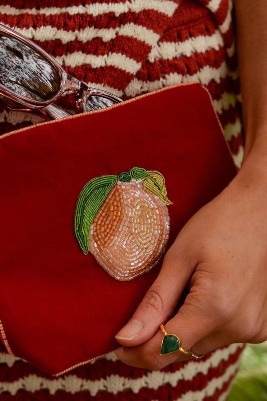 My Doris velvet pouch in red with handbeaded peach.