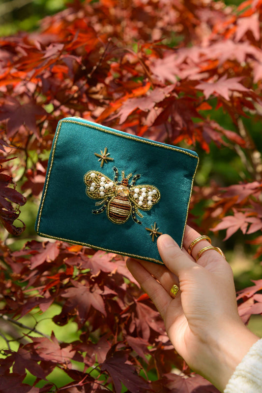 My Doris handcrafted beaded zippered pouch, golden bee on teal velvet.