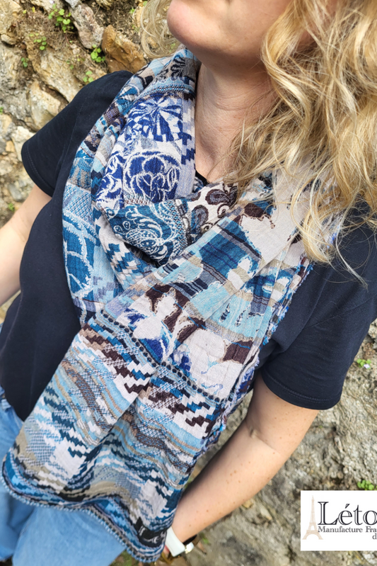 Letol organic cotton jacquard scarf Lambert in terre turquin navy blue plaid, floral and geometric.