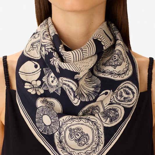 Inoui Editions cotton silk carre Octopus navy blue scarf with white octopus design and decorative elements on a white background.
