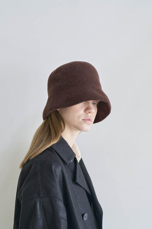 PCNQ pure wool dark brown Bella cloche bucket hat.