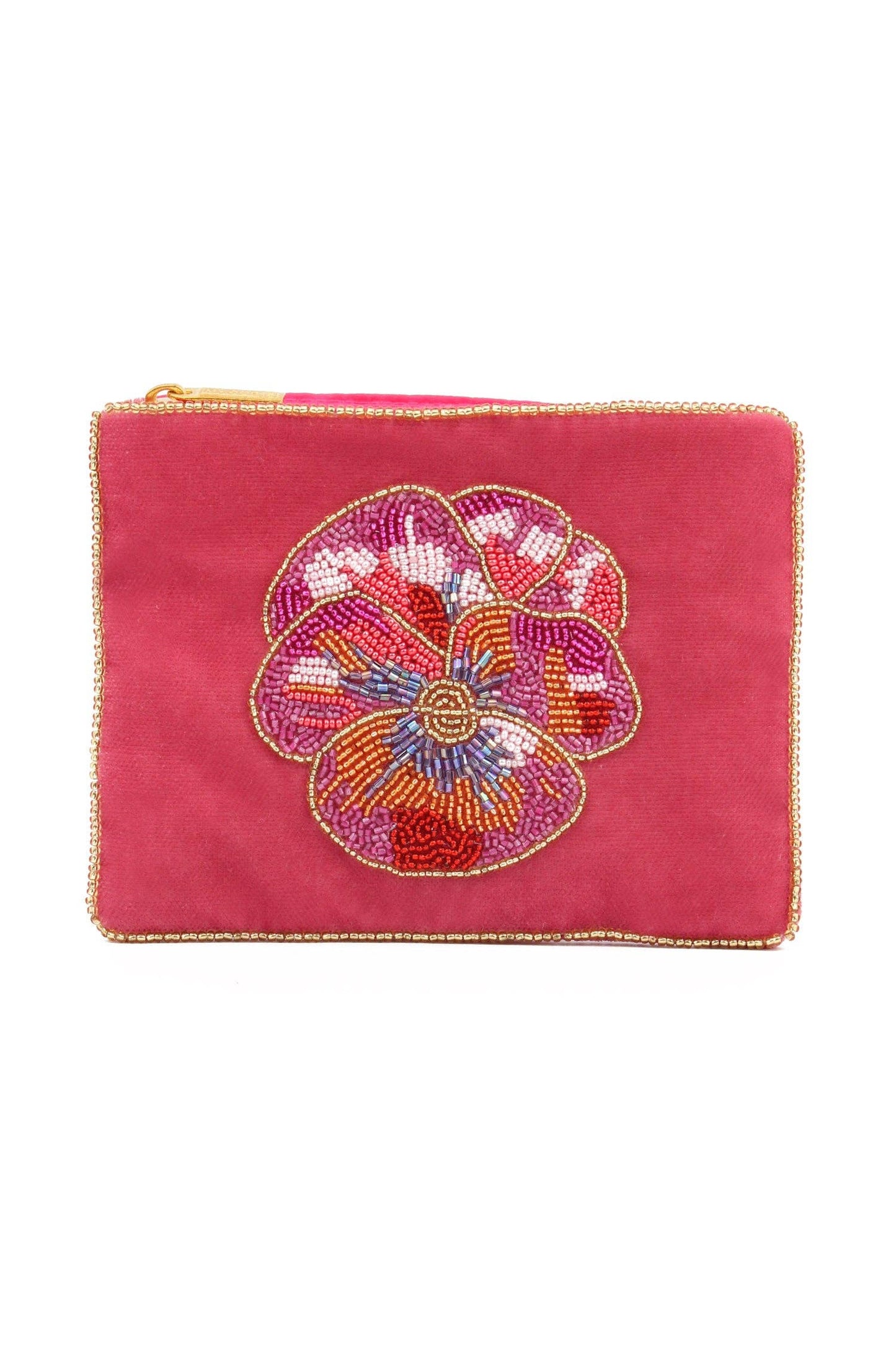 My Doris pink pansy velvet beaded pouch.
