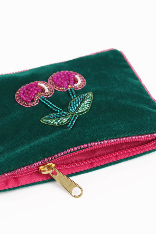 My Doris dark green velvet pouch with embroidered pink cherries.