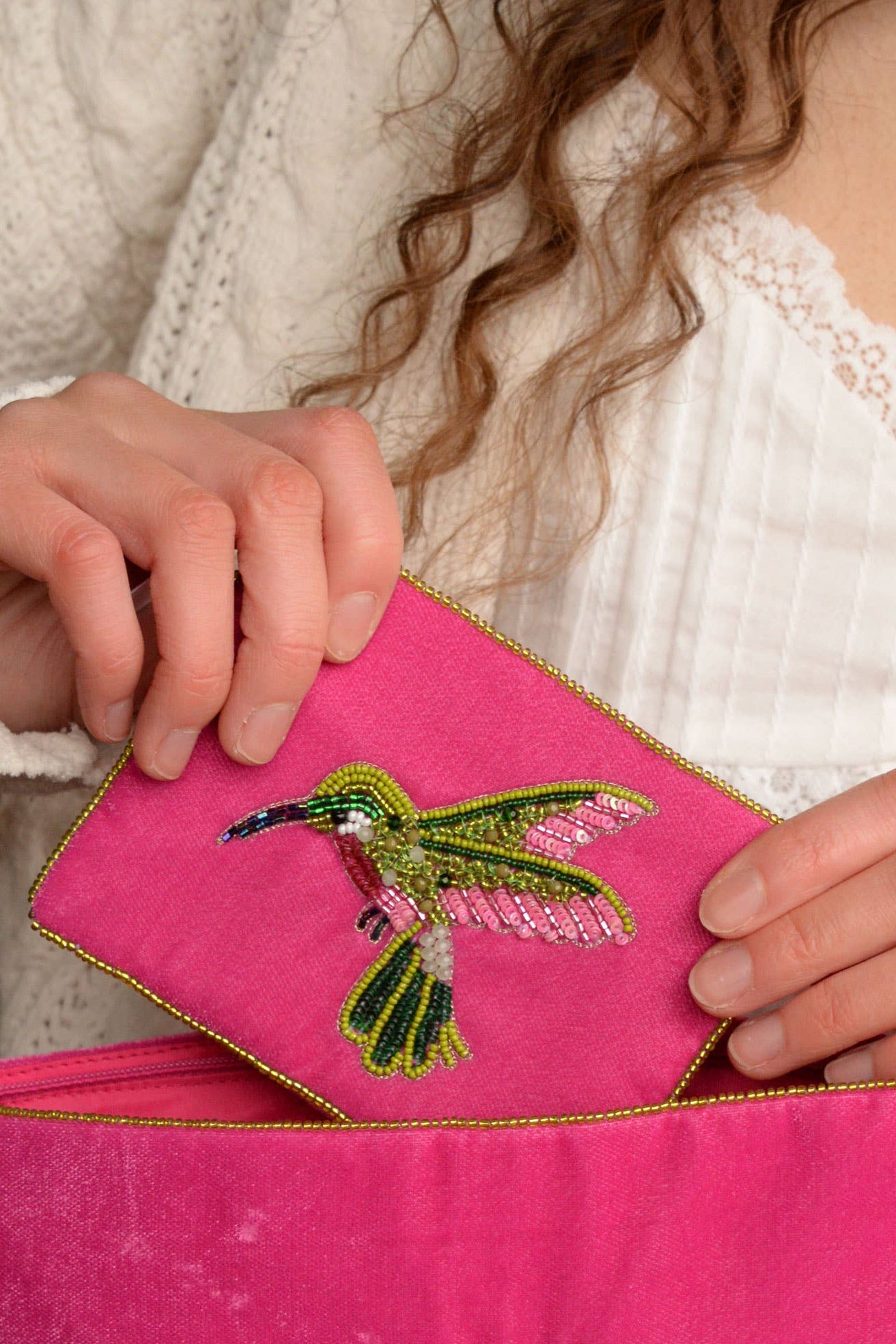 My Doris pink hummingbird velvet beaded pouch.