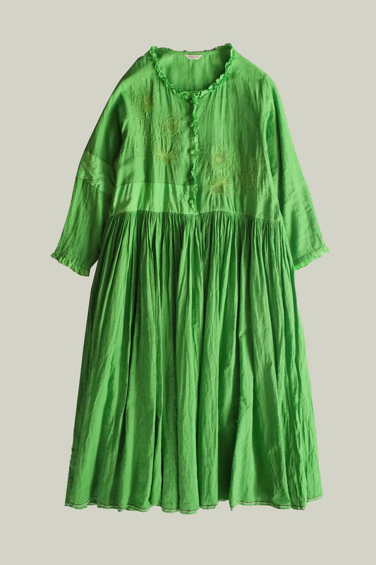 Runaway Bicycle Mara embroidered handloom cotton dress in Malachite green.