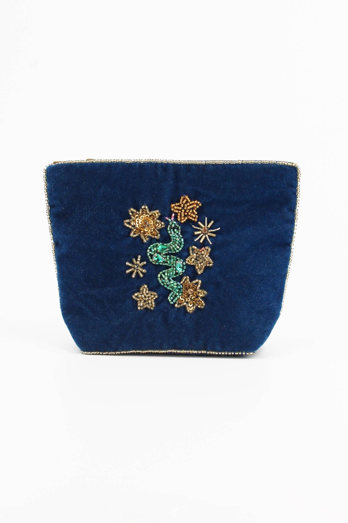 My Doris velvet pouch featuring hand beaded snake and stars on navy blue.