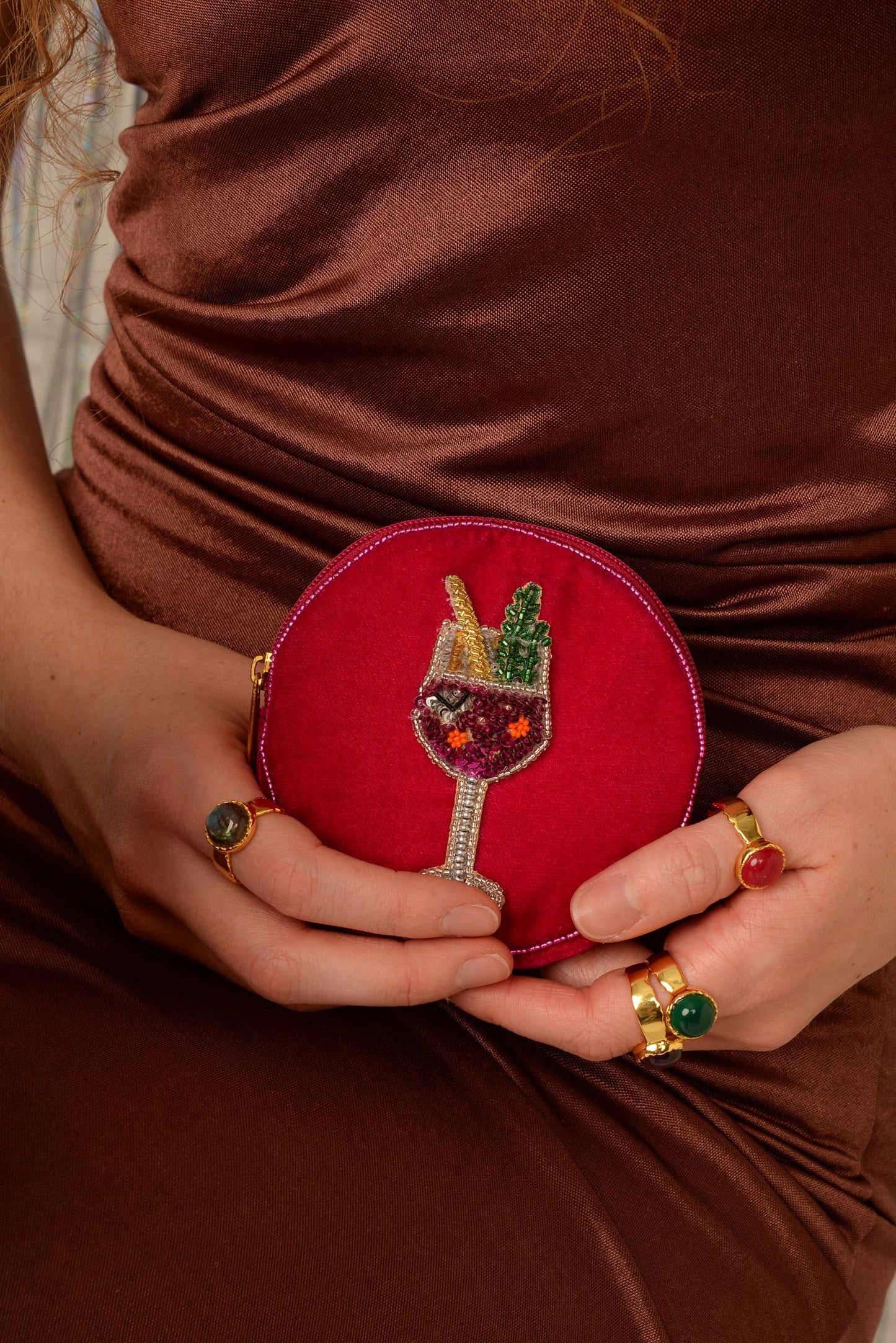 My Doris beaded pink fizz round velvet zippered pouch.