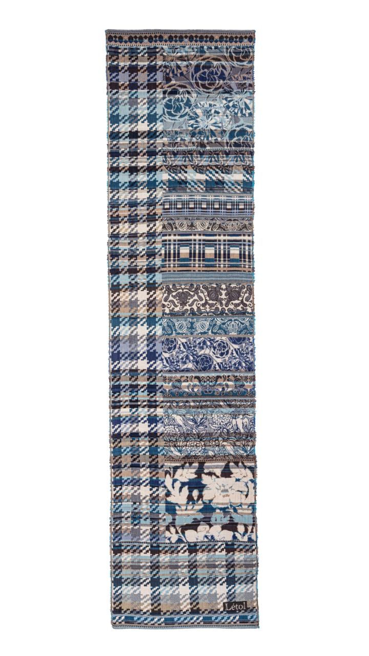 Letol organic cotton jacquard scarf Lambert in terre turquin navy blue plaid, floral and geometric.