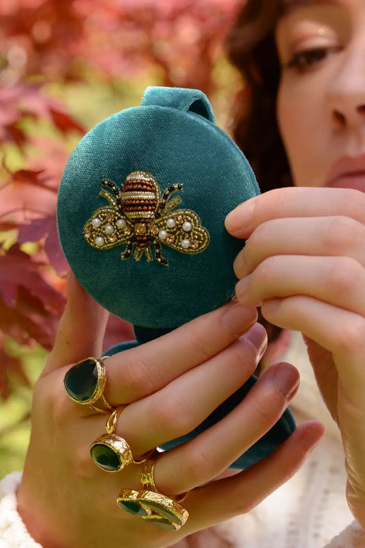 My Doris teal velvet beaded bee compact mirror.