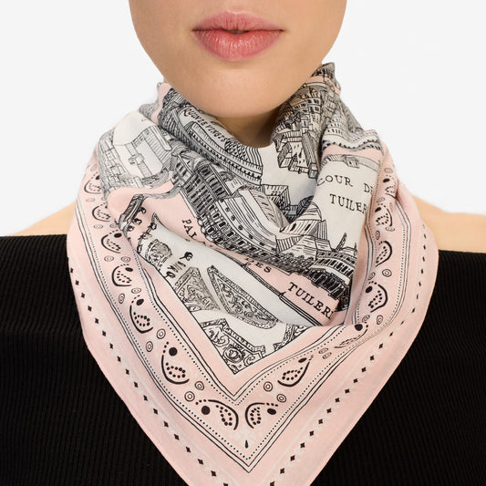 Inoui Editions fine cotton square scarf carre, Louvre map design on a pink border with intricate details