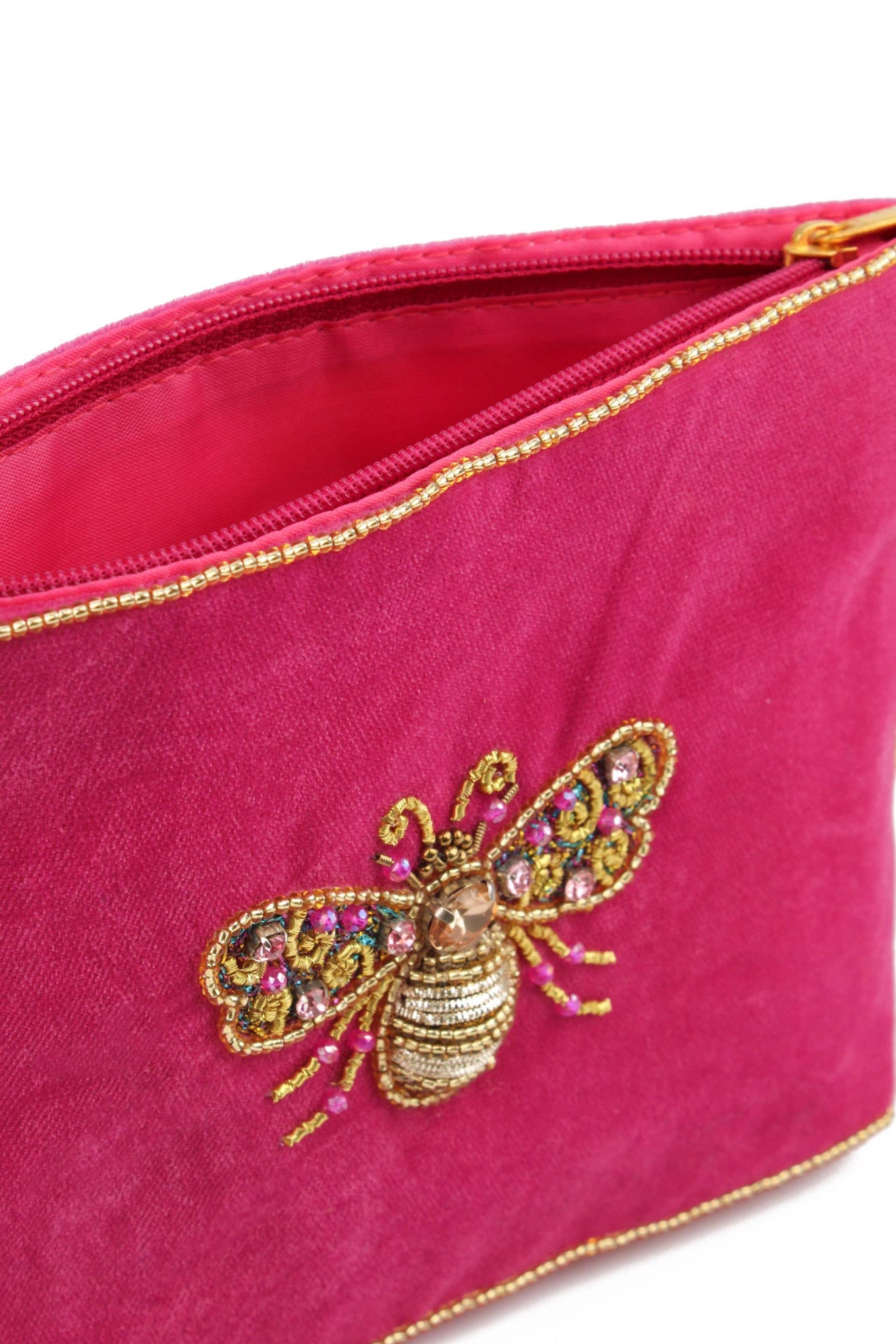 My Doris pink velvet handbeaded bee pouch.