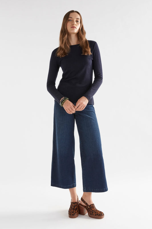 Elk Grej top lightweight merino wool knit long sleeve top in dark navy blue.