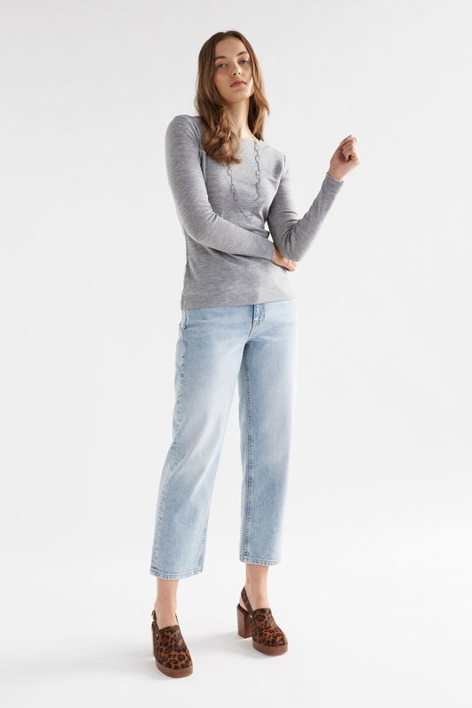 Elk Grej top lightweight merino wool knit long sleeve top in grey marle.