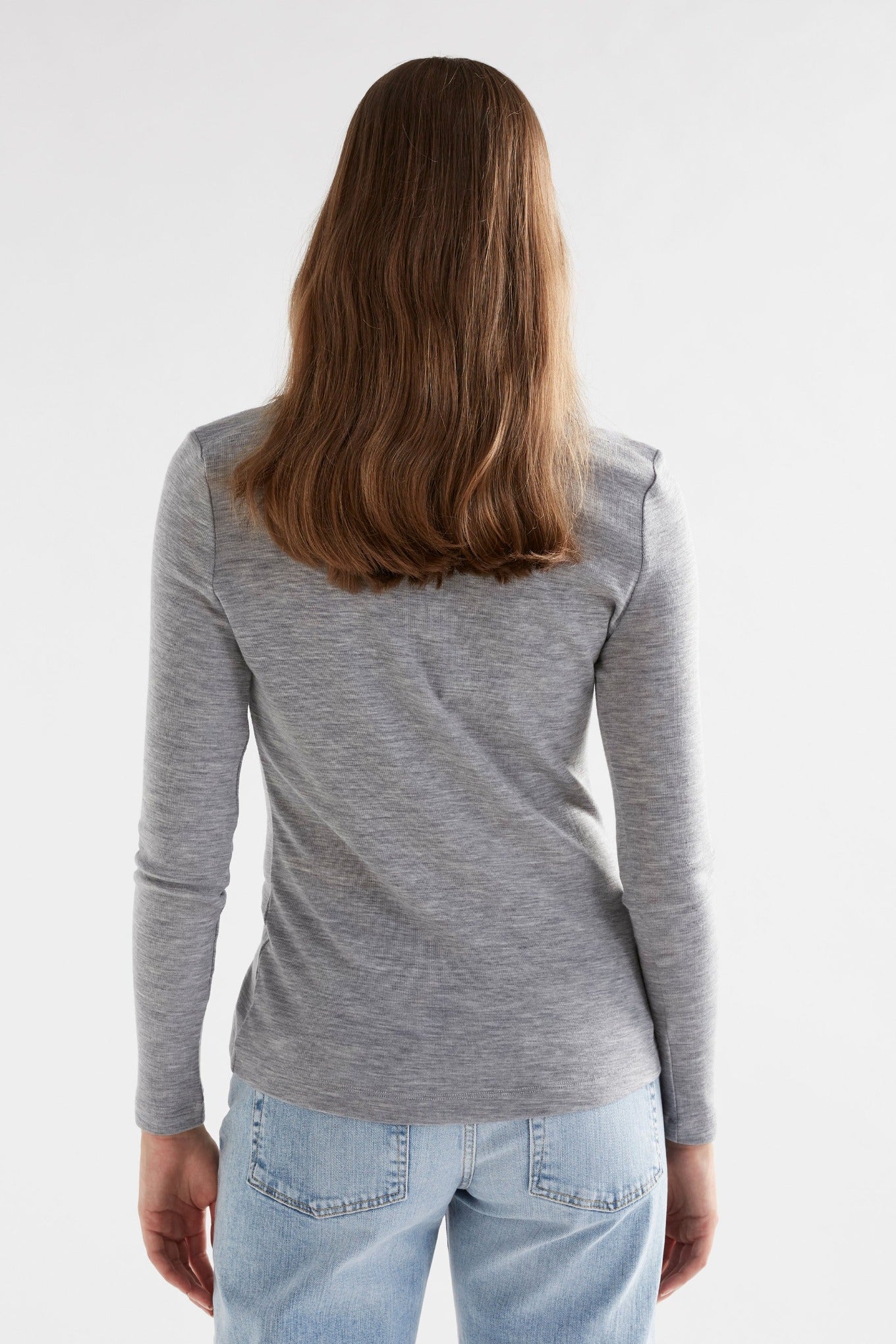 Elk Grej top lightweight merino wool knit long sleeve top in grey marle.