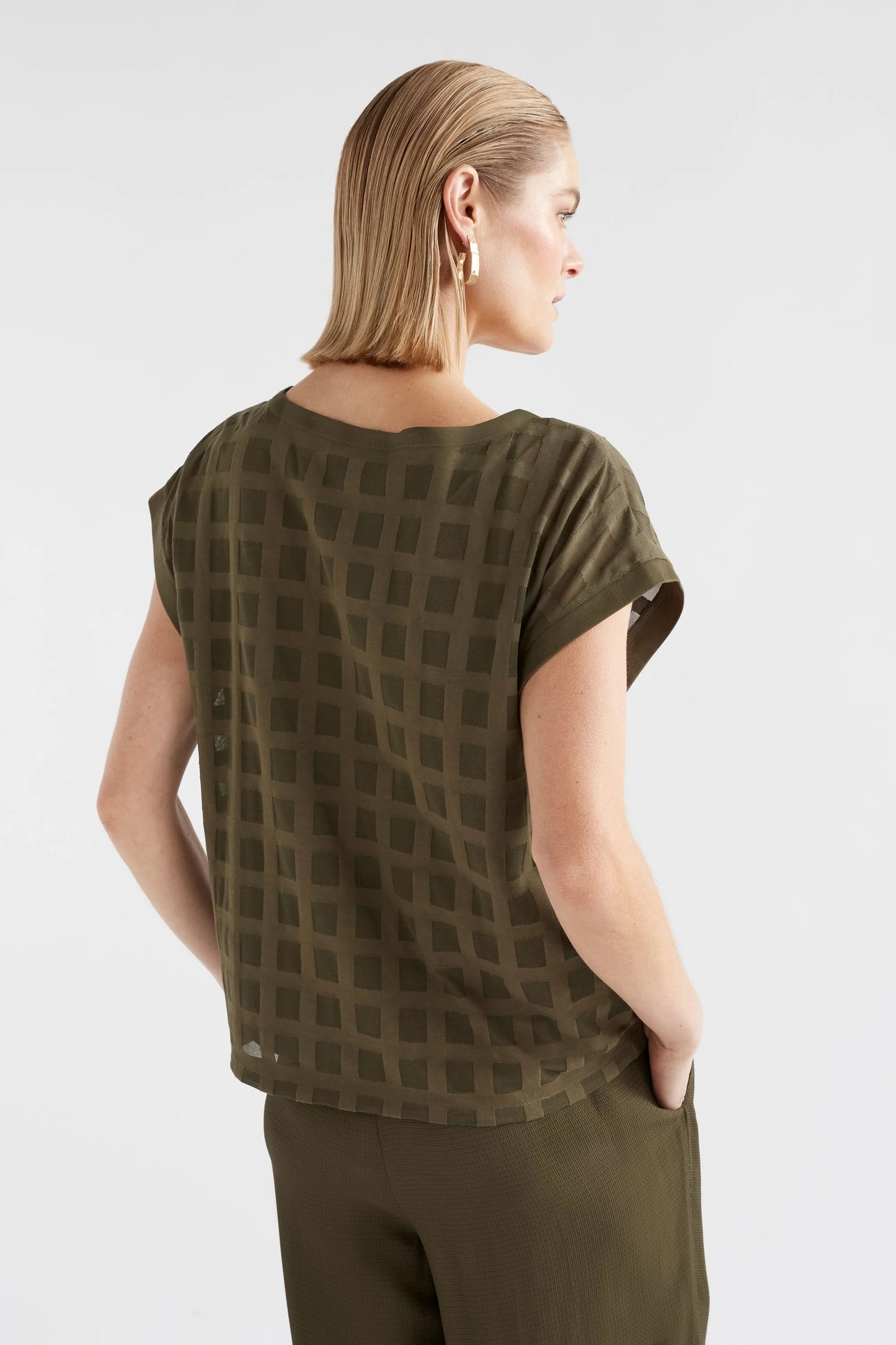 Elk Grid burnout top in olive green.
