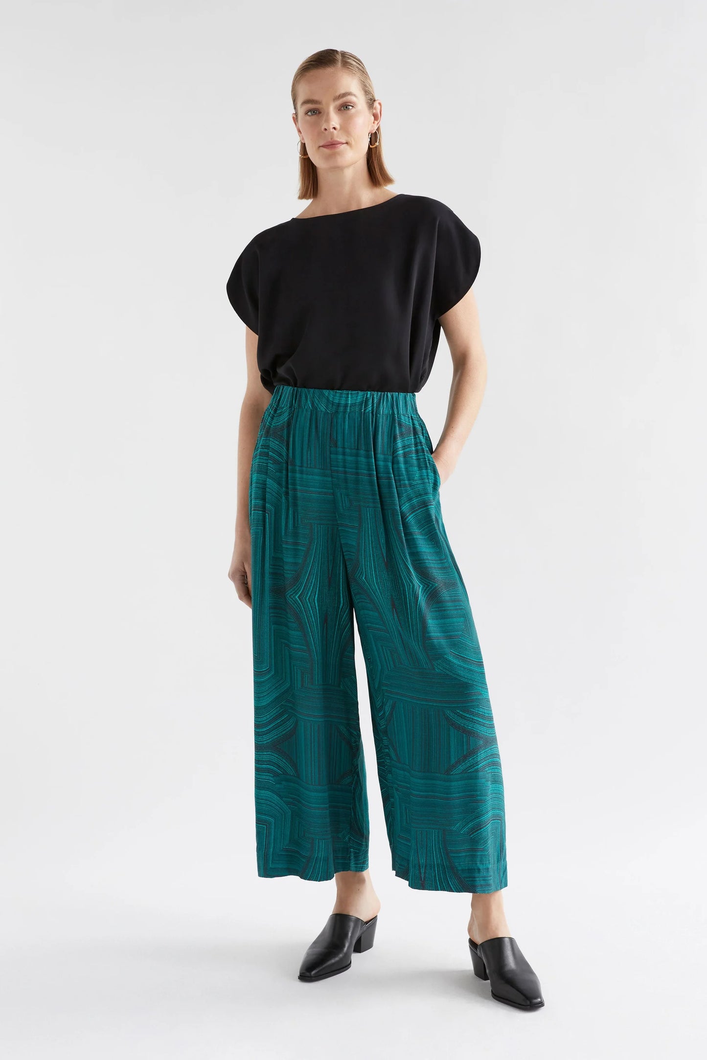 Elk Krava pant in Malachite print, viscose elastic waist wide leg.